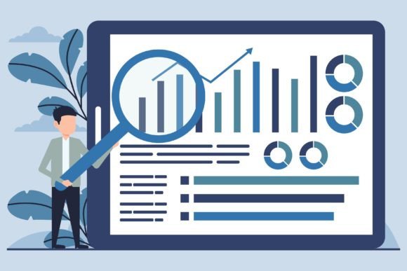 Man with Magnifying Glass Analysing Data Vector